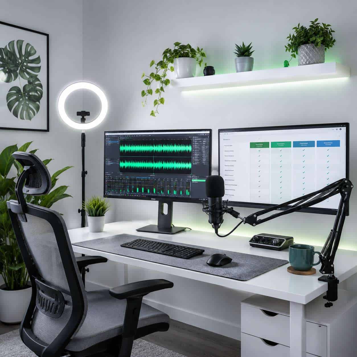 () wide-angle view of a modern home office setup optimized for content creation, showing dual monitors with audio waveform